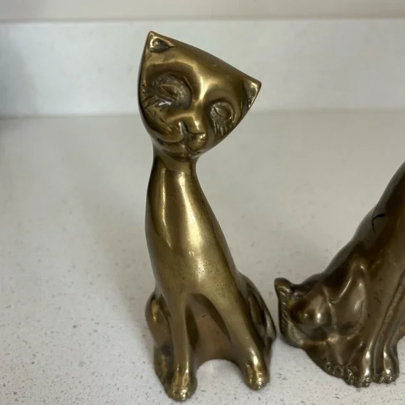 Brass Cats Mid Century Modern Decor Statuettes Vintage Kitty MCM - Picture 3 of 6